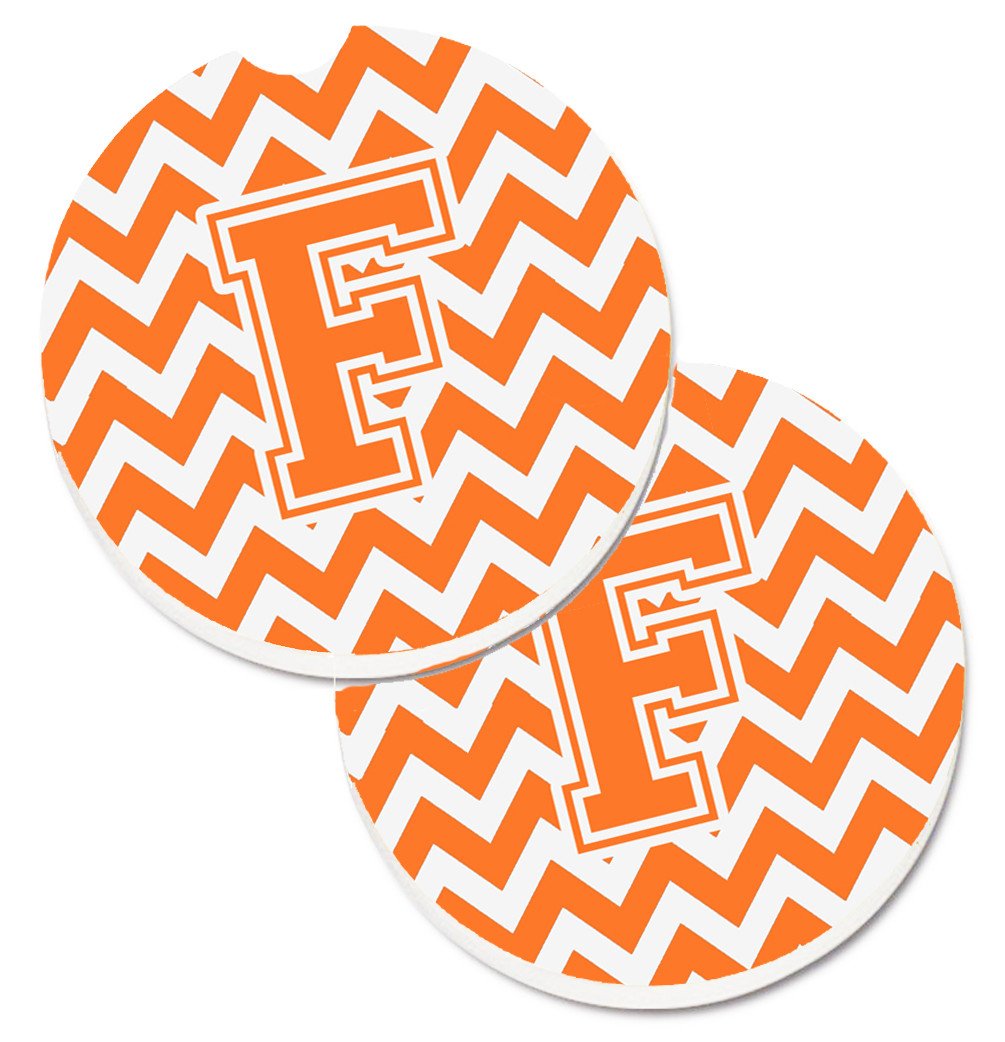 Letter F Chevron Orange and White Set of 2 Cup Holder Car Coasters CJ1046-FCARC by Caroline's Treasures
