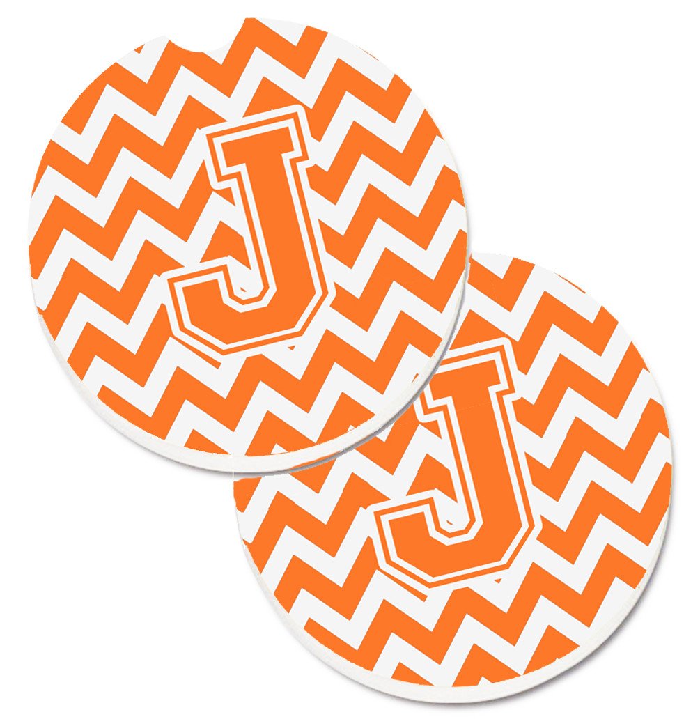 Letter J Chevron Orange and White Set of 2 Cup Holder Car Coasters CJ1046-JCARC by Caroline&#39;s Treasures