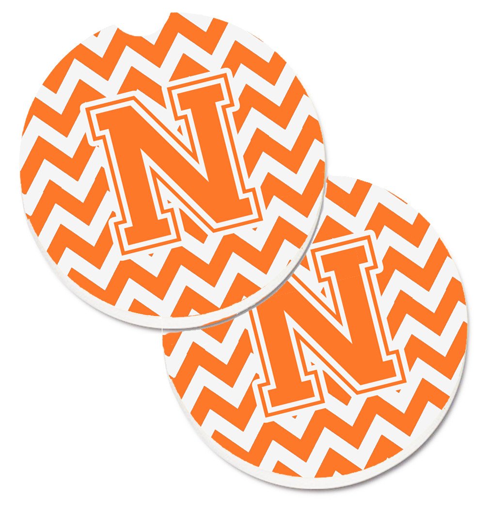 Letter N Chevron Orange and White Set of 2 Cup Holder Car Coasters CJ1046-NCARC by Caroline's Treasures