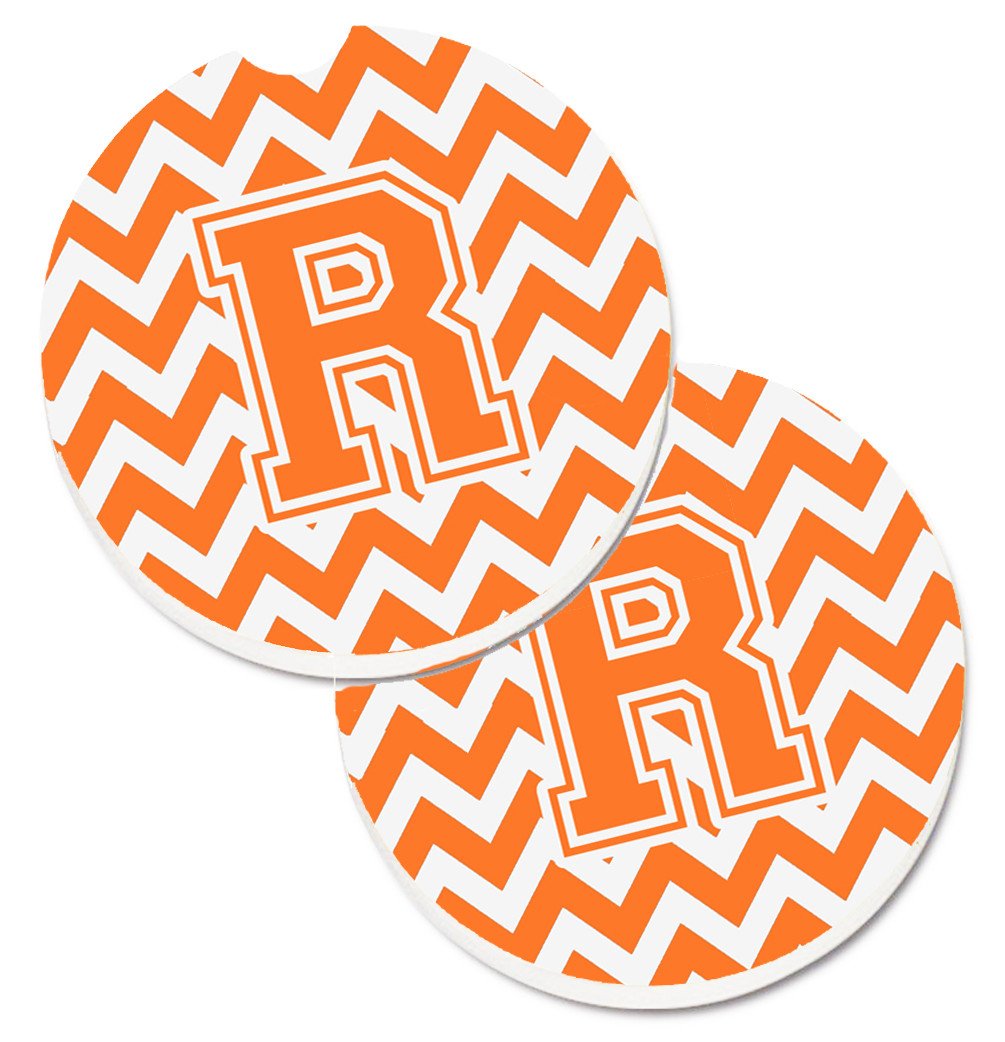 Letter R Chevron Orange and White Set of 2 Cup Holder Car Coasters CJ1046-RCARC by Caroline's Treasures