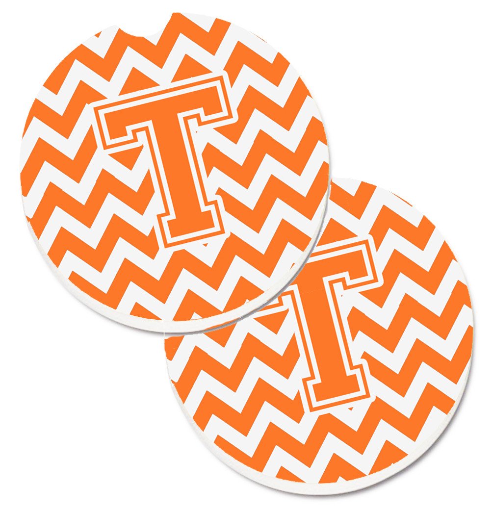 Letter T Chevron Orange and White Set of 2 Cup Holder Car Coasters CJ1046-TCARC by Caroline&#39;s Treasures