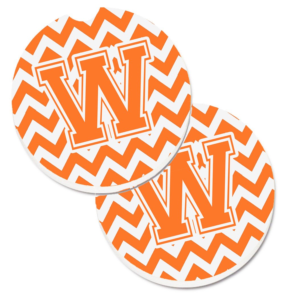 Letter W Chevron Orange and White Set of 2 Cup Holder Car Coasters CJ1046-WCARC by Caroline&#39;s Treasures
