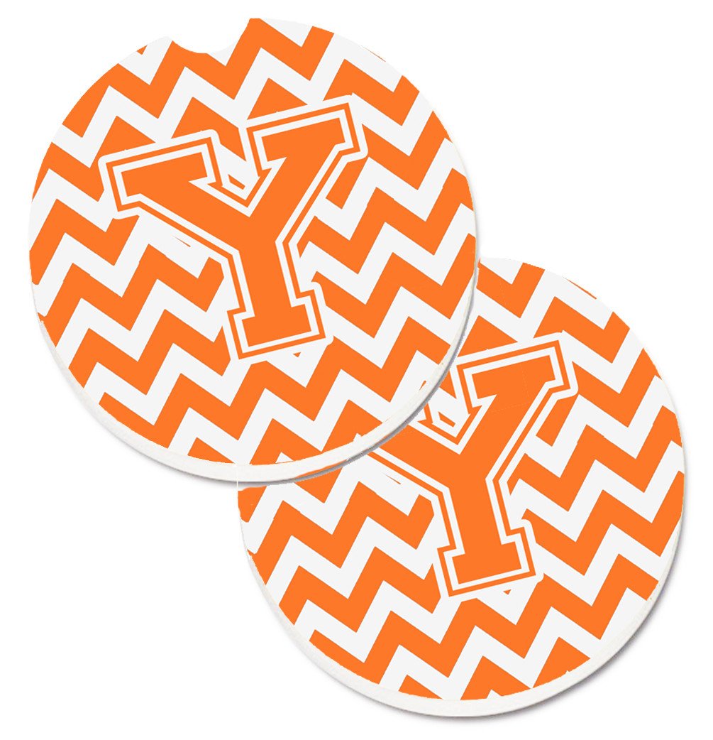 Letter Y Chevron Orange and White Set of 2 Cup Holder Car Coasters CJ1046-YCARC by Caroline's Treasures