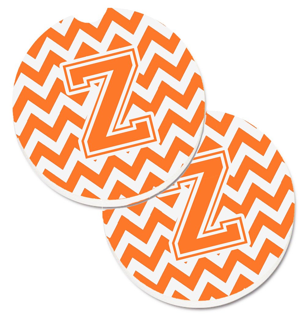 Letter Z Chevron Orange and White Set of 2 Cup Holder Car Coasters CJ1046-ZCARC by Caroline&#39;s Treasures