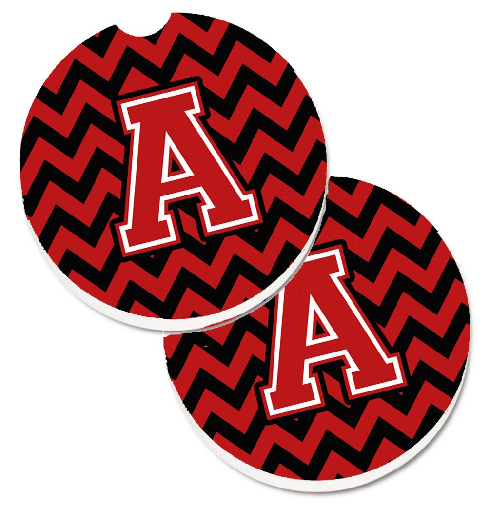 Letter A Chevron Black and Red   Set of 2 Cup Holder Car Coasters CJ1047-ACARC by Caroline&#39;s Treasures