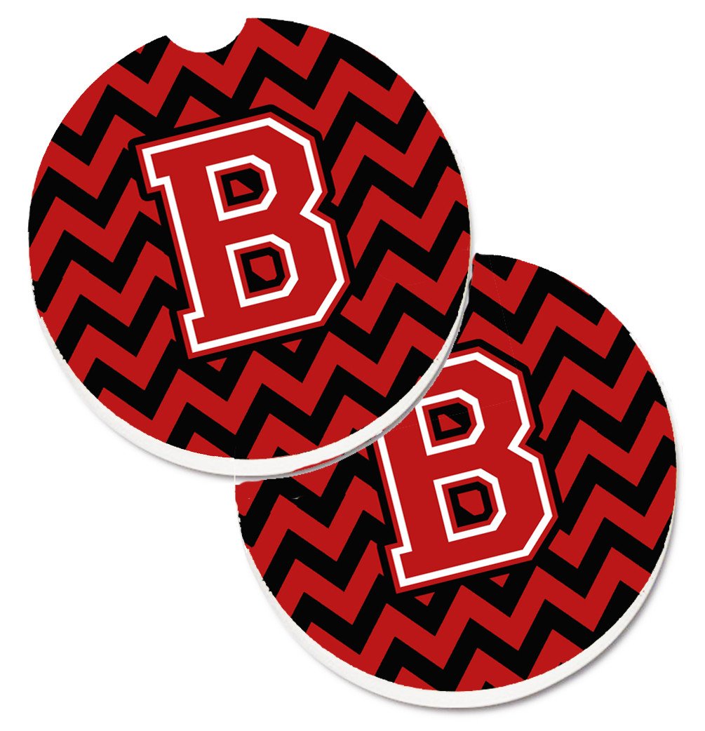Letter B Chevron Black and Red   Set of 2 Cup Holder Car Coasters CJ1047-BCARC by Caroline&#39;s Treasures