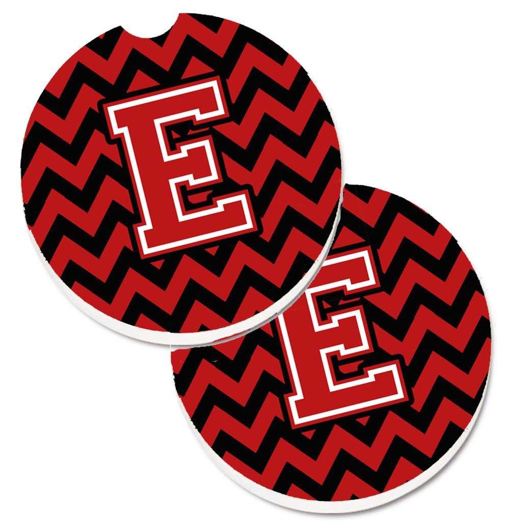 Letter E Chevron Black and Red   Set of 2 Cup Holder Car Coasters CJ1047-ECARC by Caroline&#39;s Treasures