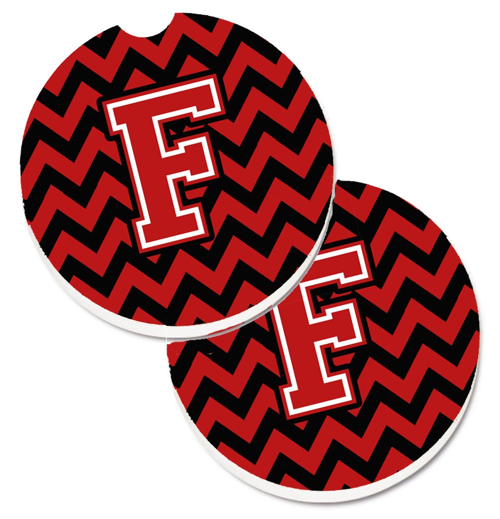 Letter F Chevron Black and Red   Set of 2 Cup Holder Car Coasters CJ1047-FCARC by Caroline's Treasures