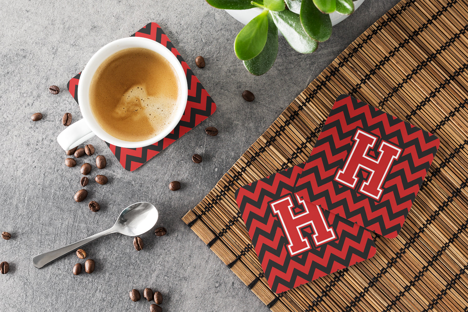 Letter H Chevron Black and Red   Foam Coaster Set of 4 CJ1047-HFC - the-store.com