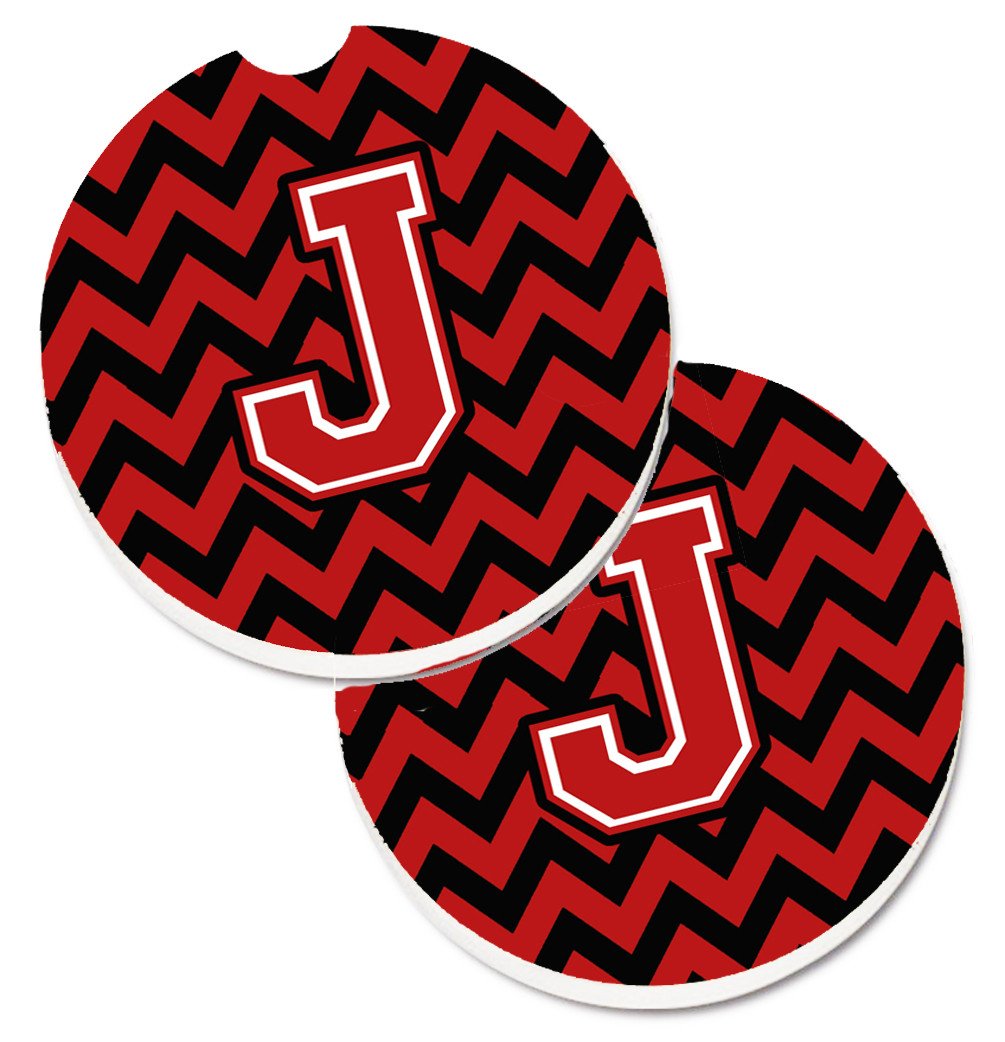 Letter J Chevron Black and Red   Set of 2 Cup Holder Car Coasters CJ1047-JCARC by Caroline's Treasures