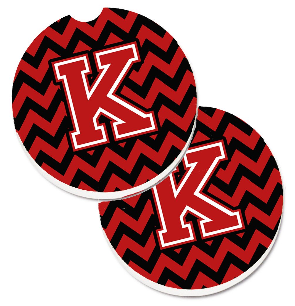 Letter K Chevron Black and Red   Set of 2 Cup Holder Car Coasters CJ1047-KCARC by Caroline's Treasures