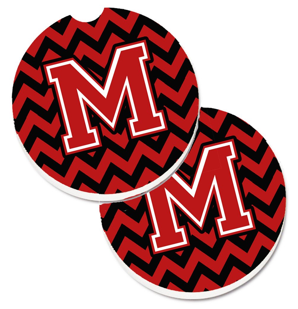 Letter M Chevron Black and Red   Set of 2 Cup Holder Car Coasters CJ1047-MCARC by Caroline&#39;s Treasures