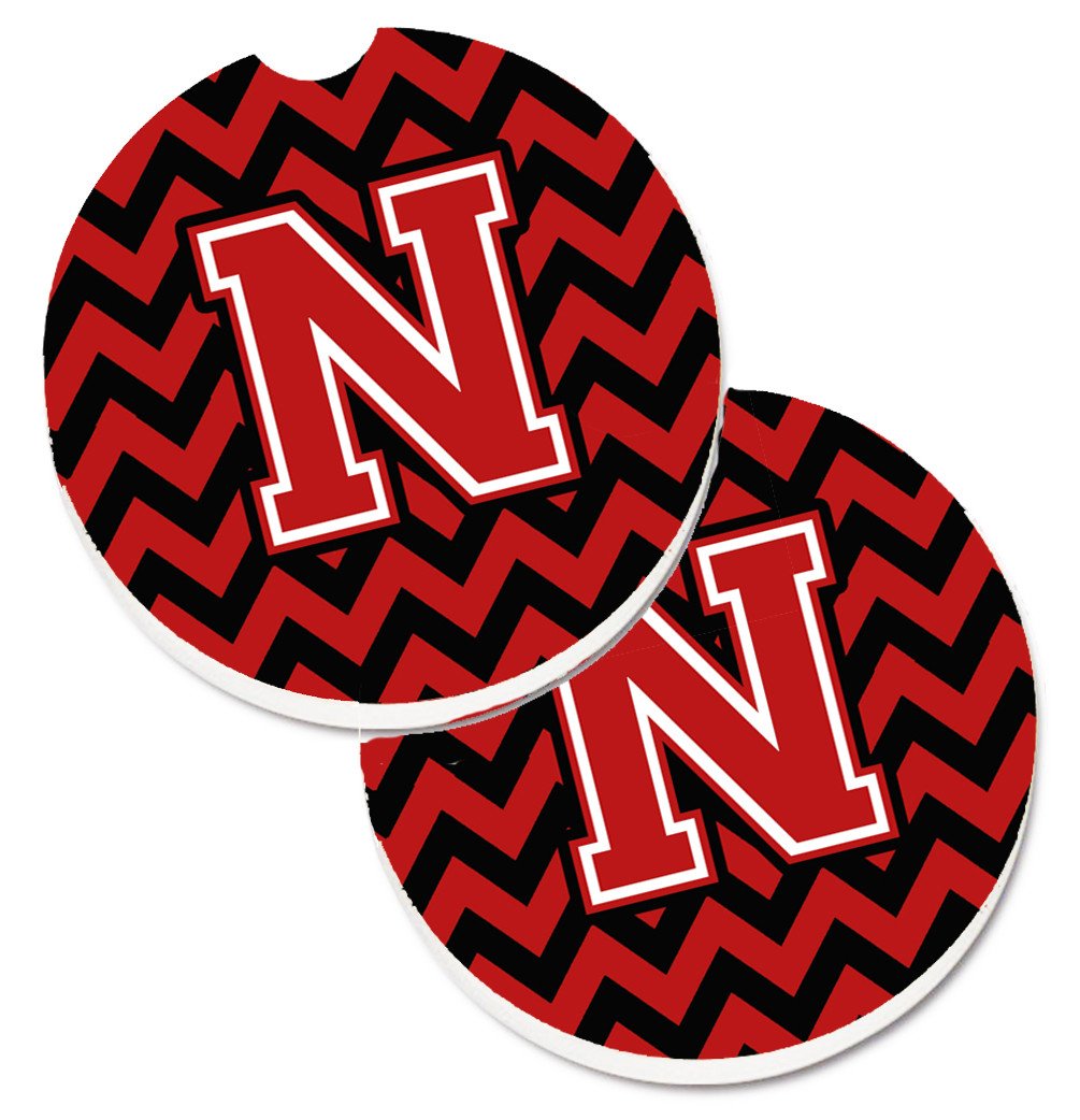 Letter N Chevron Black and Red   Set of 2 Cup Holder Car Coasters CJ1047-NCARC by Caroline&#39;s Treasures