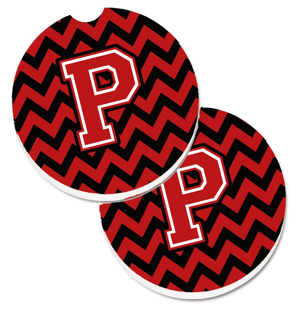 Letter P Chevron Black and Red   Set of 2 Cup Holder Car Coasters CJ1047-PCARC by Caroline&#39;s Treasures