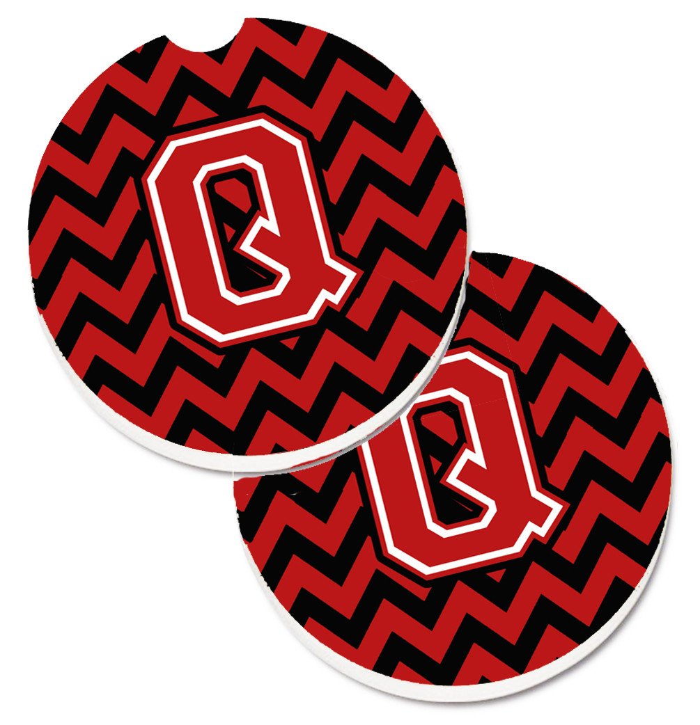 Letter Q Chevron Black and Red   Set of 2 Cup Holder Car Coasters CJ1047-QCARC by Caroline&#39;s Treasures