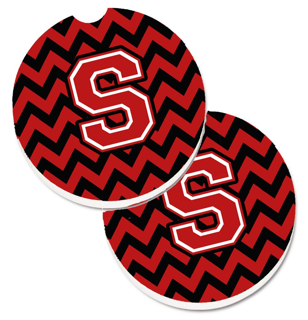 Letter S Chevron Black and Red   Set of 2 Cup Holder Car Coasters CJ1047-SCARC by Caroline's Treasures