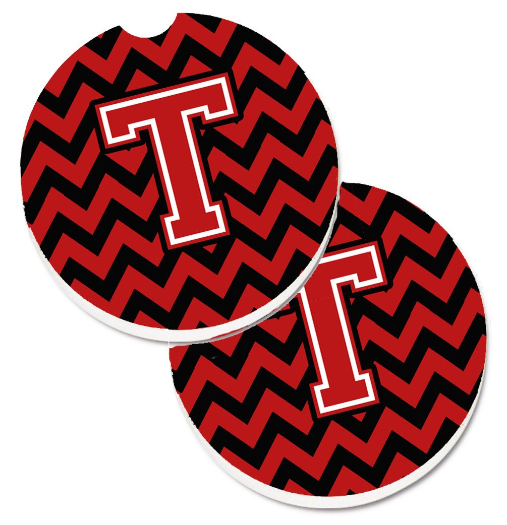 Letter T Chevron Black and Red   Set of 2 Cup Holder Car Coasters CJ1047-TCARC by Caroline's Treasures