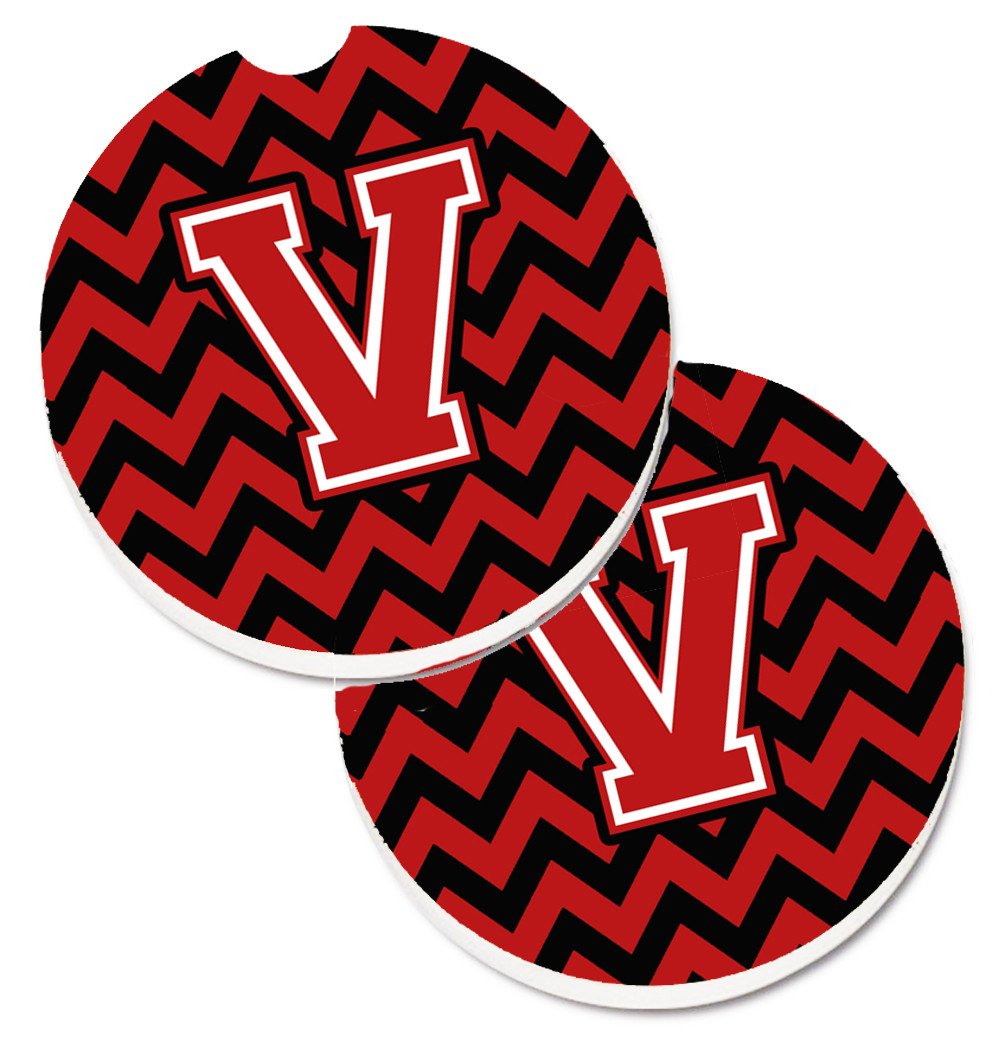 Letter V Chevron Black and Red   Set of 2 Cup Holder Car Coasters CJ1047-VCARC by Caroline's Treasures