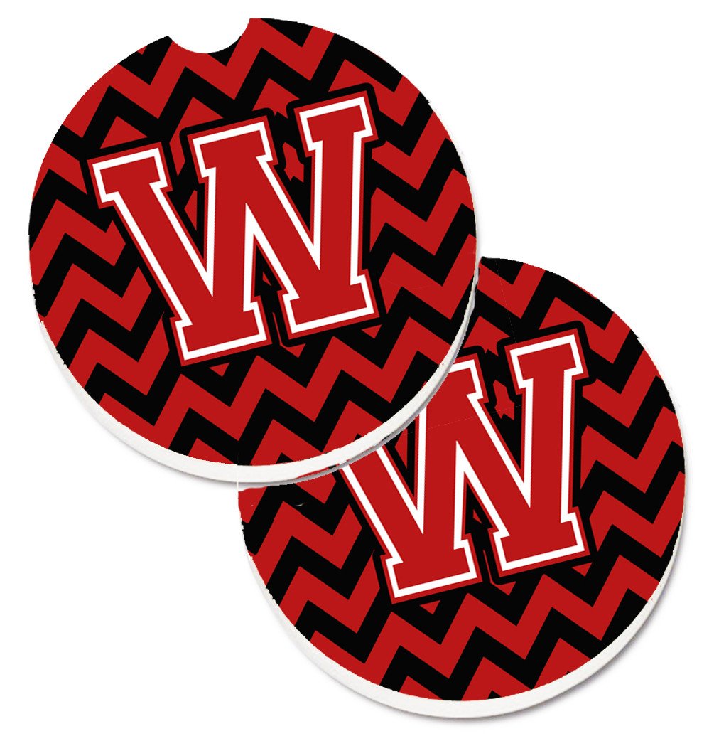 Letter W Chevron Black and Red   Set of 2 Cup Holder Car Coasters CJ1047-WCARC by Caroline&#39;s Treasures
