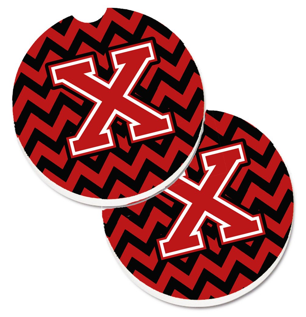 Letter X Chevron Black and Red   Set of 2 Cup Holder Car Coasters CJ1047-XCARC by Caroline's Treasures