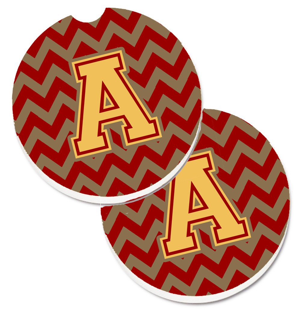 Letter A Chevron Garnet and Gold  Set of 2 Cup Holder Car Coasters CJ1048-ACARC by Caroline&#39;s Treasures