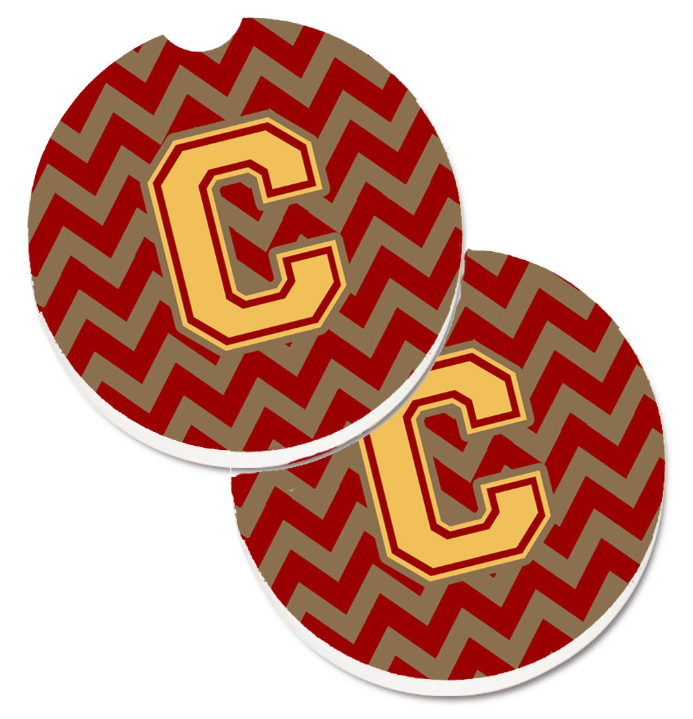 Letter C Chevron Garnet and Gold  Set of 2 Cup Holder Car Coasters CJ1048-CCARC by Caroline&#39;s Treasures