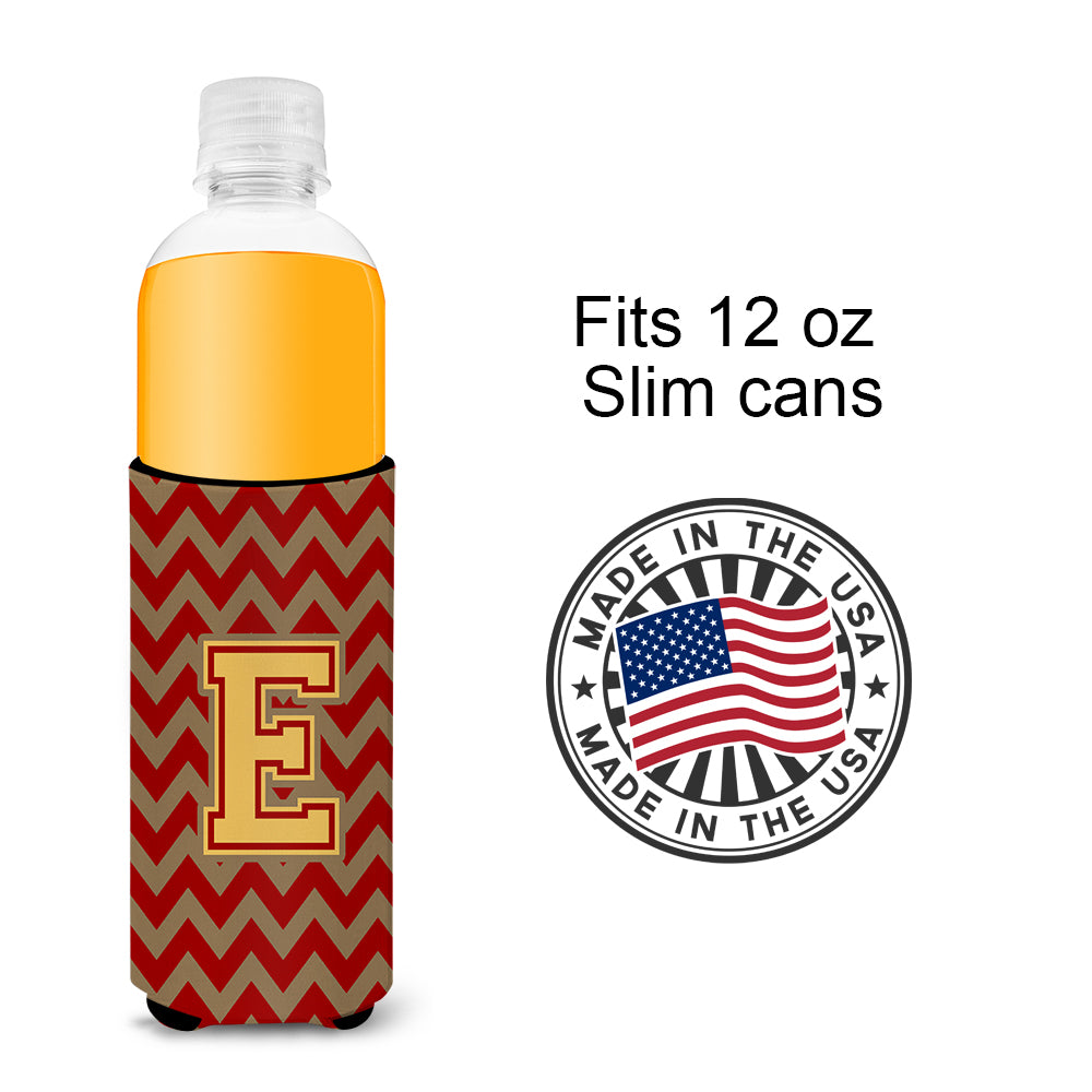 Letter E Chevron Garnet and Gold  Ultra Beverage Insulators for slim cans CJ1048-EMUK.