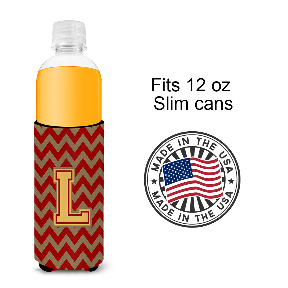 Letter L Chevron Garnet and Gold  Ultra Beverage Insulators for slim cans CJ1048-LMUK.