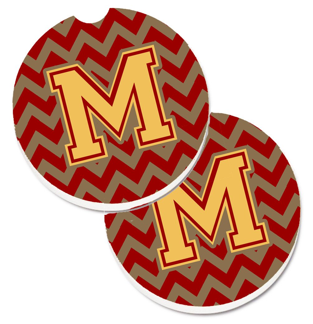 Letter M Chevron Garnet and Gold  Set of 2 Cup Holder Car Coasters CJ1048-MCARC by Caroline&#39;s Treasures