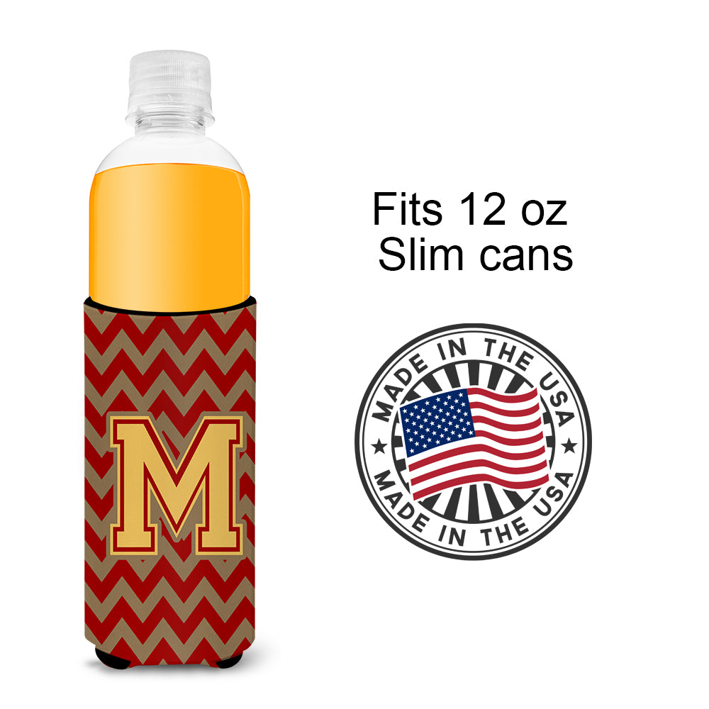Letter M Chevron Garnet and Gold  Ultra Beverage Insulators for slim cans CJ1048-MMUK.