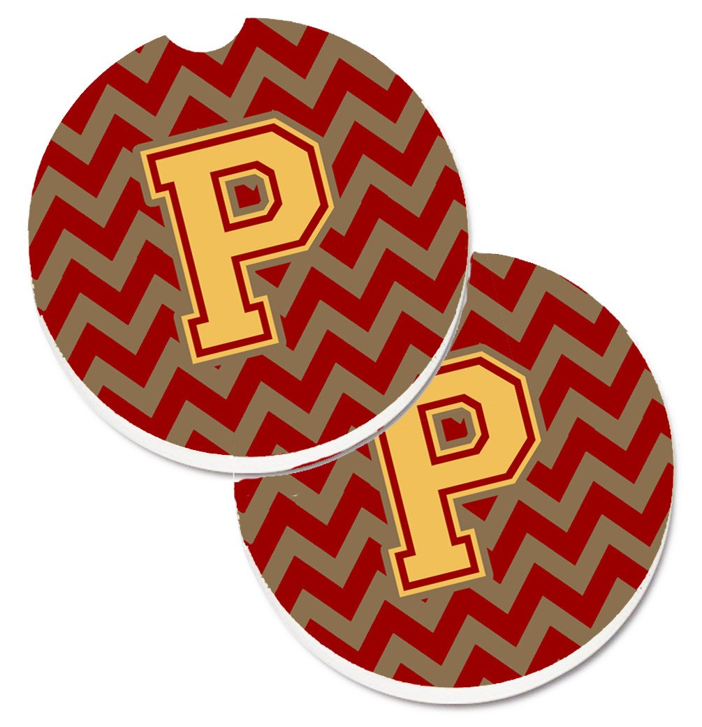 Letter P Chevron Garnet and Gold  Set of 2 Cup Holder Car Coasters CJ1048-PCARC by Caroline's Treasures