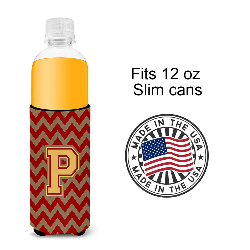 Letter P Chevron Garnet and Gold  Ultra Beverage Insulators for slim cans CJ1048-PMUK.