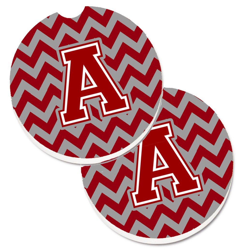 Letter A Chevron Maroon and White Set of 2 Cup Holder Car Coasters CJ1049-ACARC by Caroline&#39;s Treasures