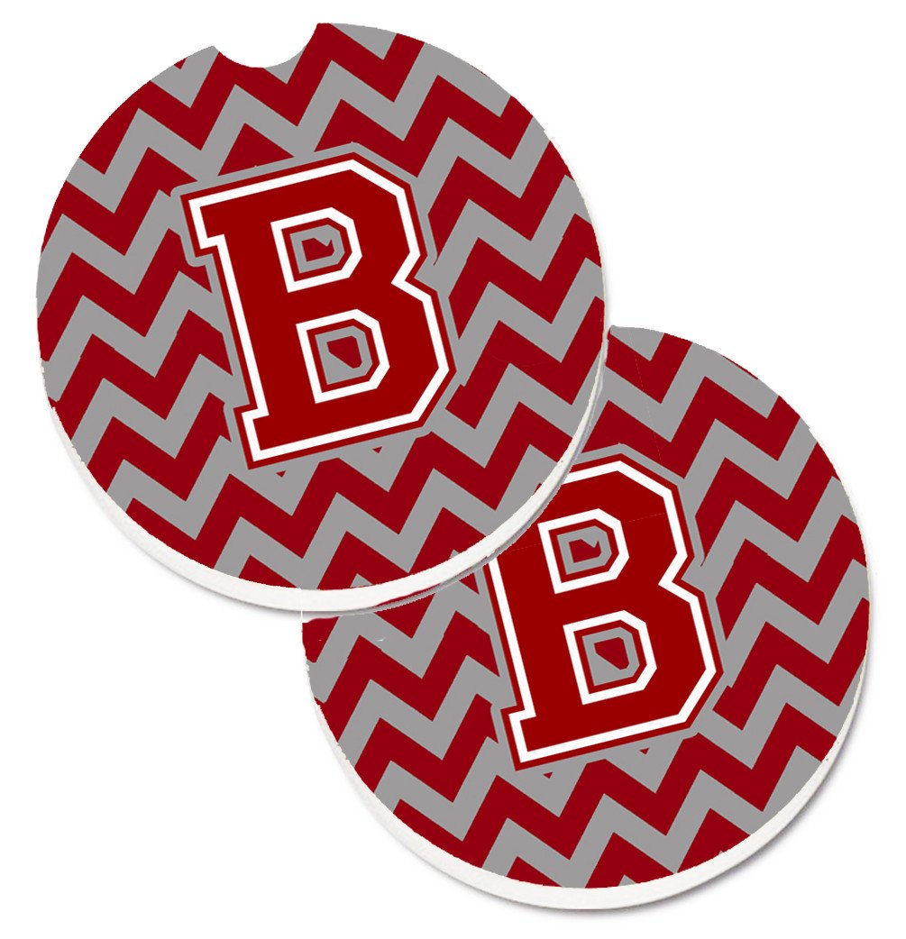 Letter B Chevron Maroon and White Set of 2 Cup Holder Car Coasters CJ1049-BCARC by Caroline&#39;s Treasures