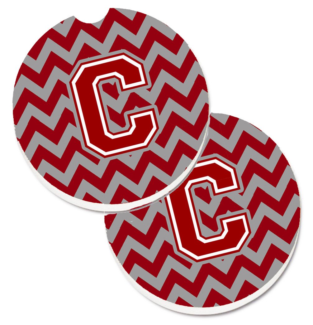 Letter C Chevron Maroon and White Set of 2 Cup Holder Car Coasters CJ1049-CCARC by Caroline&#39;s Treasures