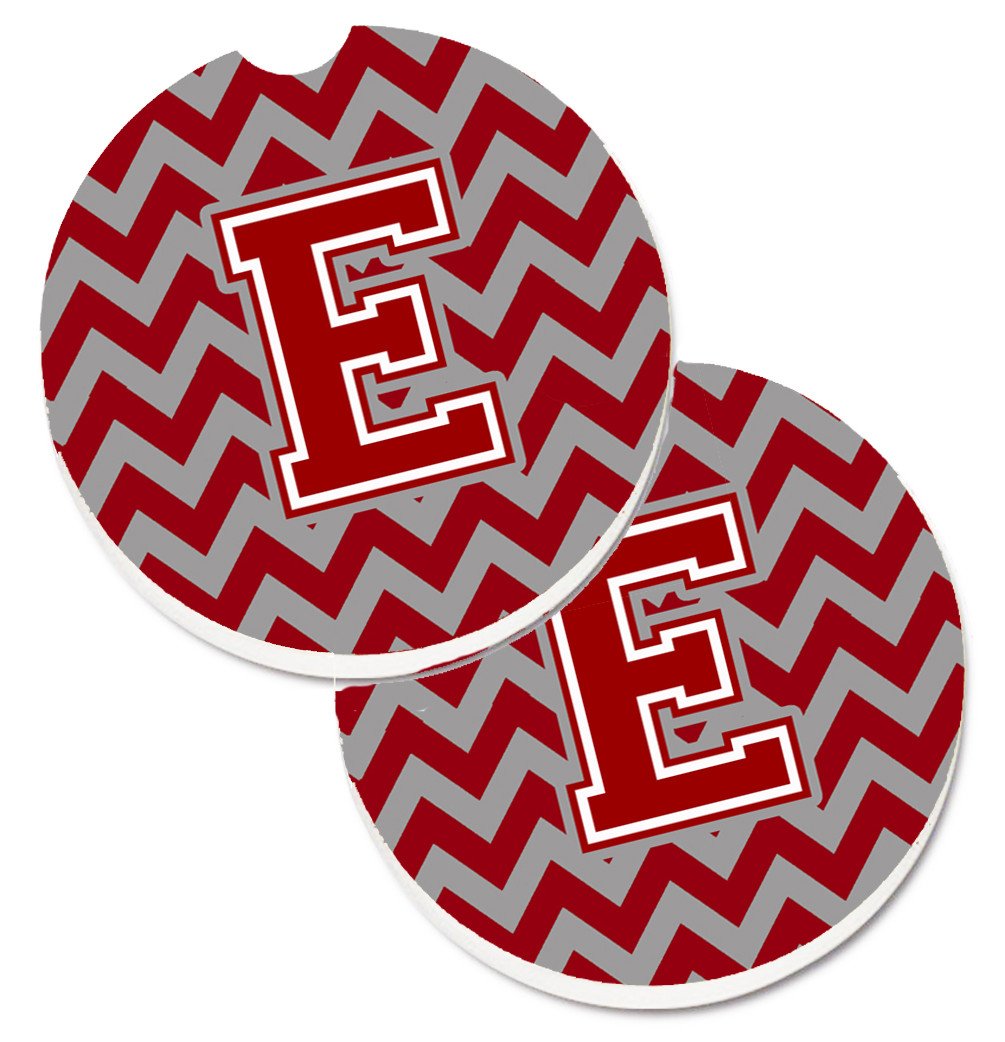 Letter E Chevron Maroon and White Set of 2 Cup Holder Car Coasters CJ1049-ECARC by Caroline&#39;s Treasures