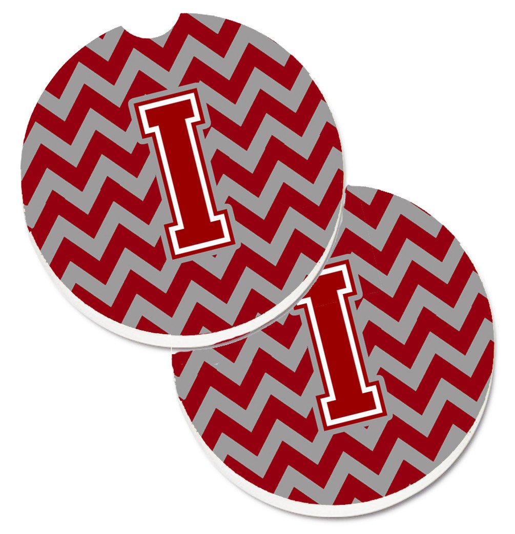 Letter I Chevron Maroon and White Set of 2 Cup Holder Car Coasters CJ1049-ICARC by Caroline's Treasures
