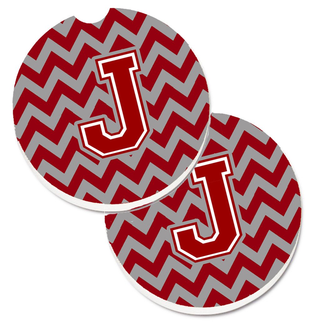 Letter J Chevron Maroon and White Set of 2 Cup Holder Car Coasters CJ1049-JCARC by Caroline&#39;s Treasures