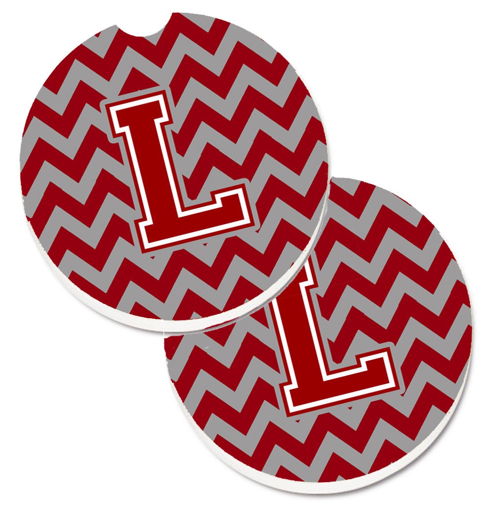 Letter L Chevron Maroon and White Set of 2 Cup Holder Car Coasters CJ1049-LCARC by Caroline&#39;s Treasures
