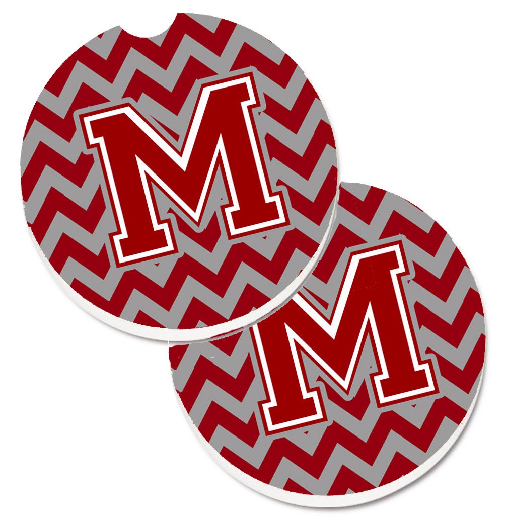 Letter M Chevron Maroon and White Set of 2 Cup Holder Car Coasters CJ1049-MCARC by Caroline&#39;s Treasures
