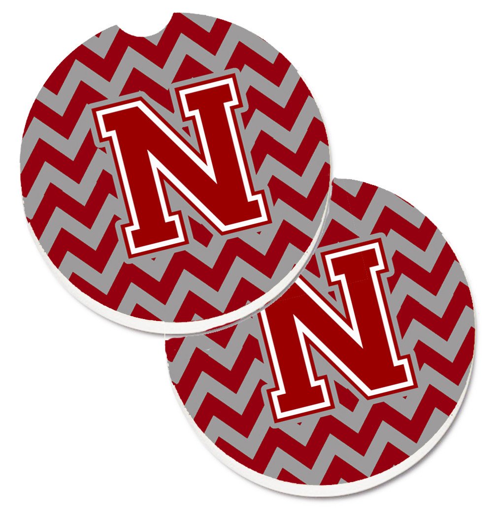Letter N Chevron Maroon and White Set of 2 Cup Holder Car Coasters CJ1049-NCARC by Caroline&#39;s Treasures
