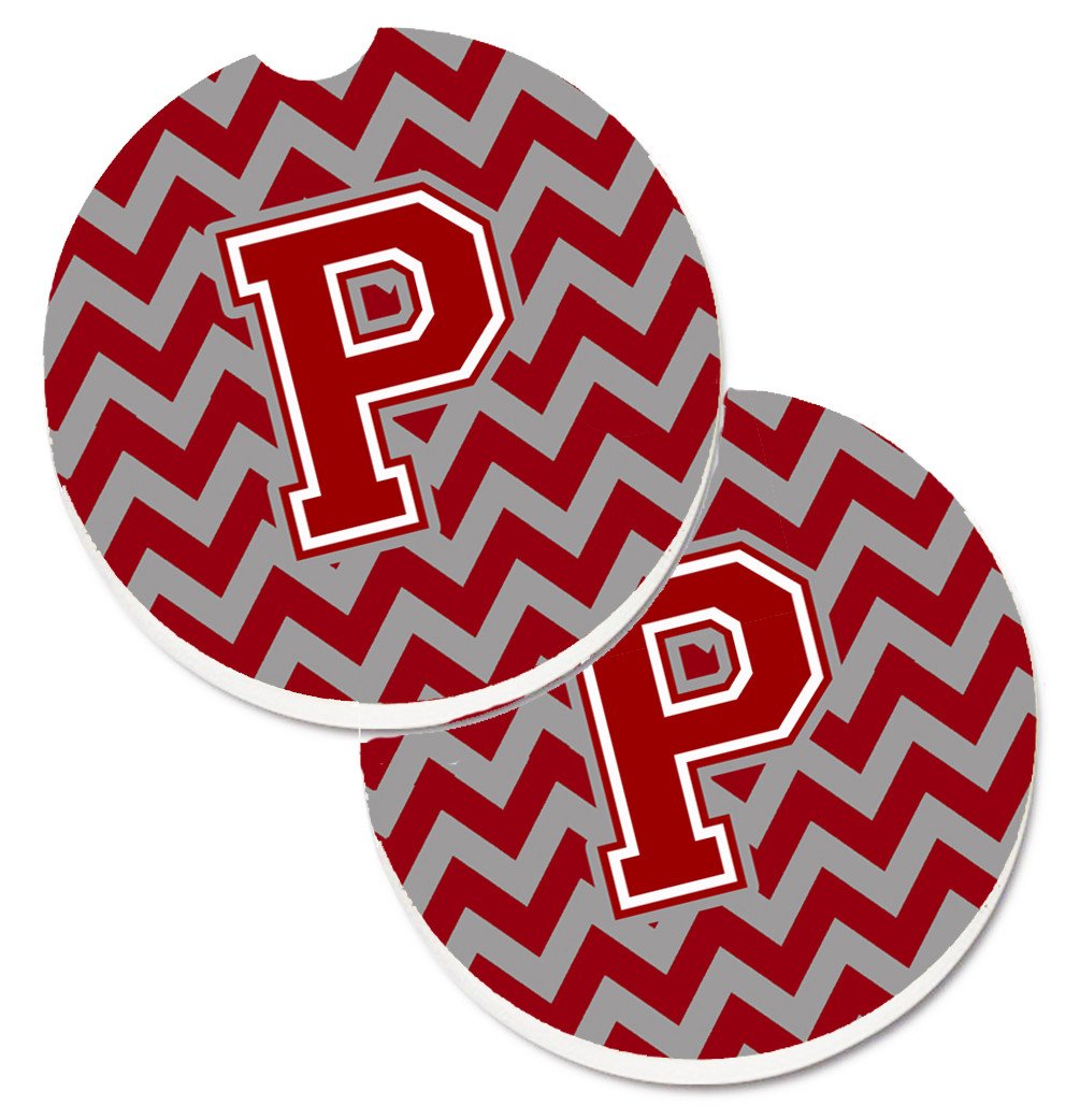 Letter P Chevron Maroon and White Set of 2 Cup Holder Car Coasters CJ1049-PCARC by Caroline's Treasures