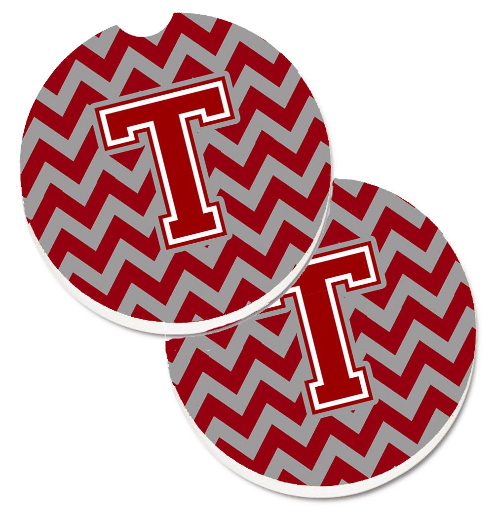 Letter T Chevron Maroon and White Set of 2 Cup Holder Car Coasters CJ1049-TCARC by Caroline's Treasures