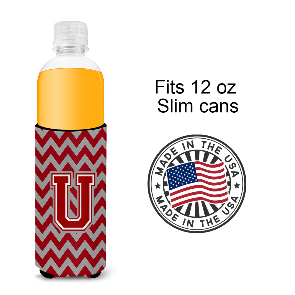 Letter U Chevron Maroon and White Ultra Beverage Insulators for slim cans CJ1049-UMUK