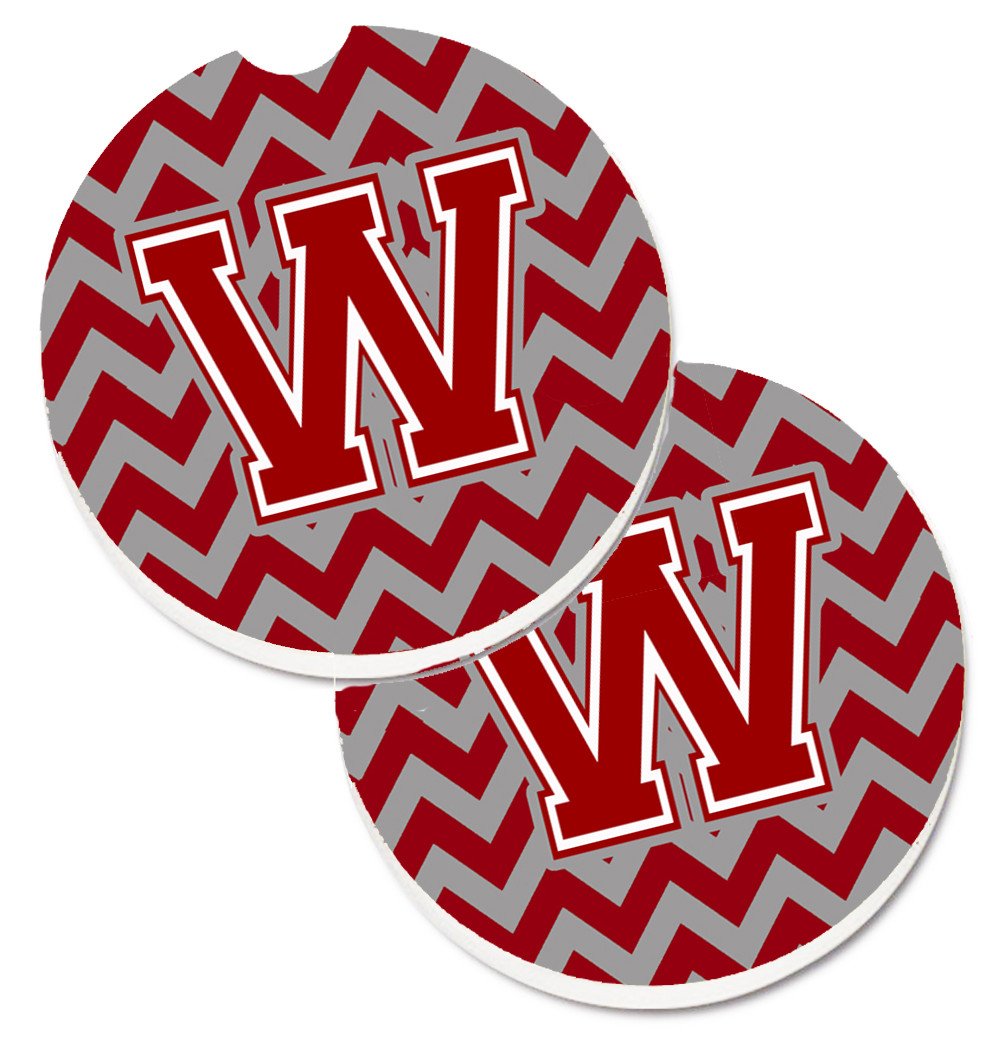 Letter W Chevron Maroon and White Set of 2 Cup Holder Car Coasters CJ1049-WCARC by Caroline&#39;s Treasures