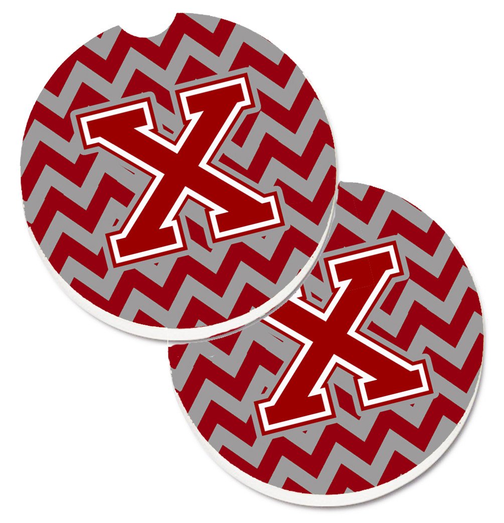Letter X Chevron Maroon and White Set of 2 Cup Holder Car Coasters CJ1049-XCARC by Caroline&#39;s Treasures