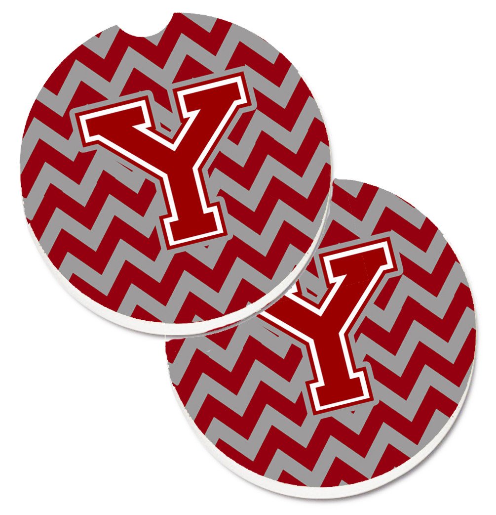 Letter Y Chevron Maroon and White Set of 2 Cup Holder Car Coasters CJ1049-YCARC by Caroline&#39;s Treasures