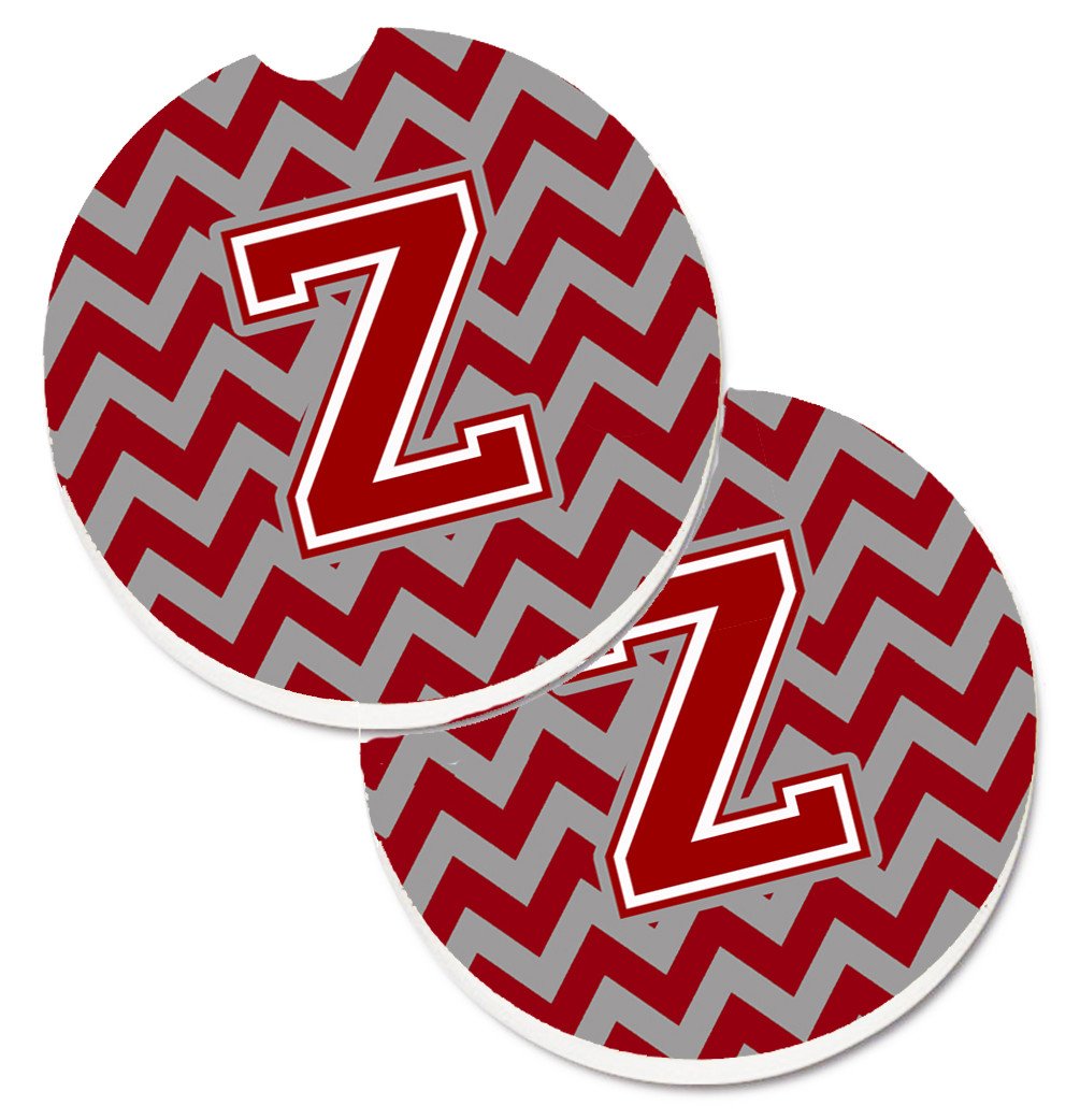 Letter Z Chevron Maroon and White Set of 2 Cup Holder Car Coasters CJ1049-ZCARC by Caroline&#39;s Treasures