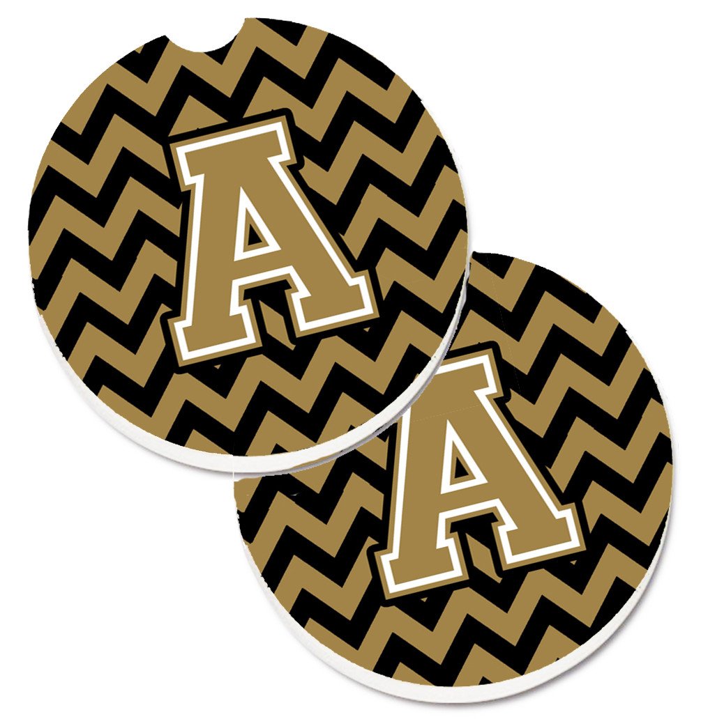 Letter A Chevron Black and Gold  Set of 2 Cup Holder Car Coasters CJ1050-ACARC by Caroline&#39;s Treasures