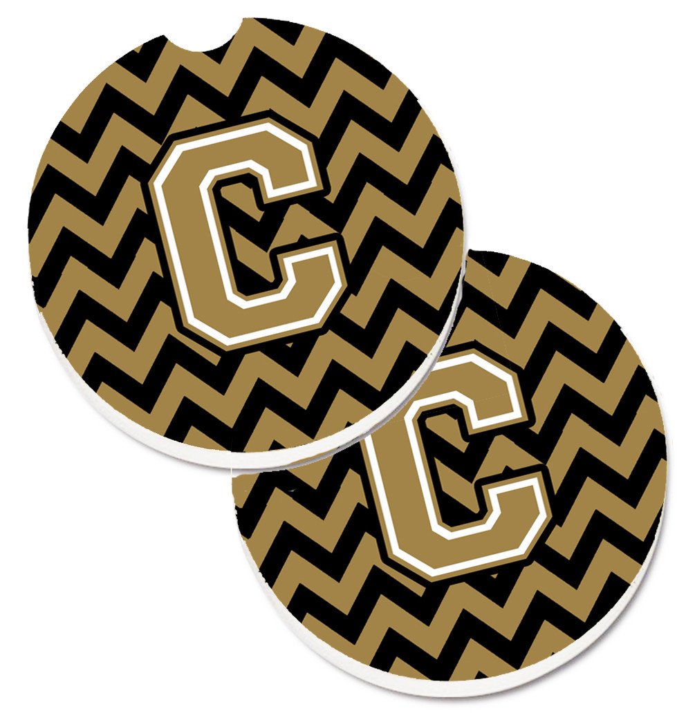 Letter C Chevron Black and Gold  Set of 2 Cup Holder Car Coasters CJ1050-CCARC by Caroline's Treasures